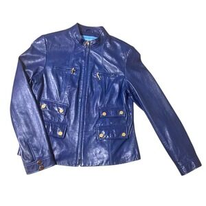 Vintage Y2K Gift For Her Doncaster Sport Blue Gold Leather Moto Jacket Size 12